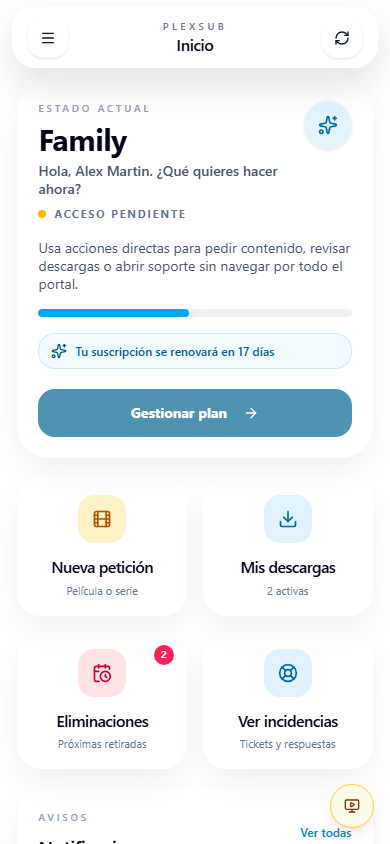 Vista móvil del portal de cliente de prueba de PlexSub