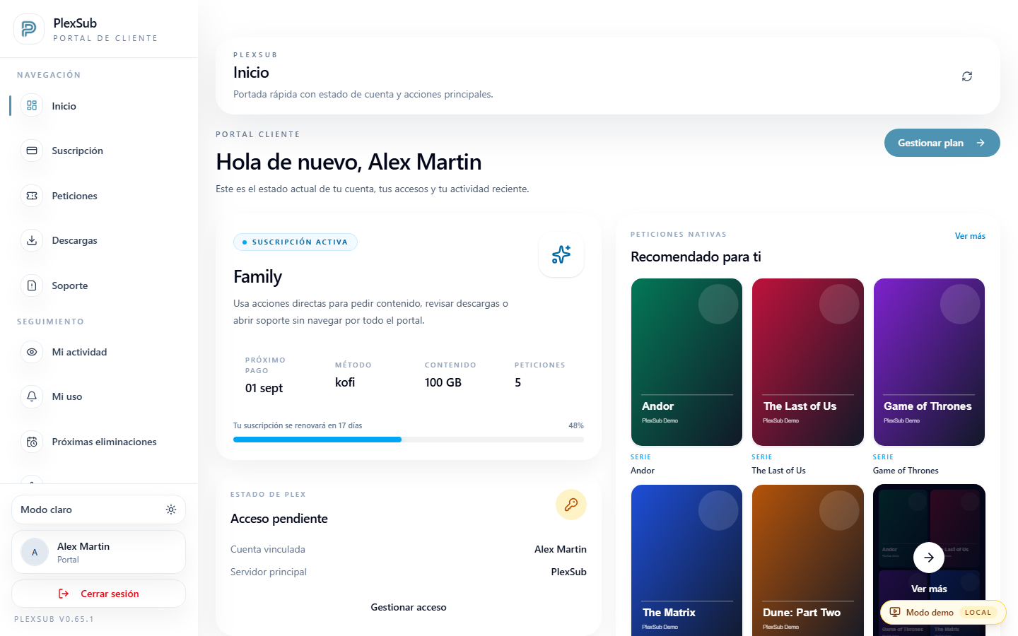 Portal de cliente de prueba de PlexSub con información de suscripción, solicitudes y servicios