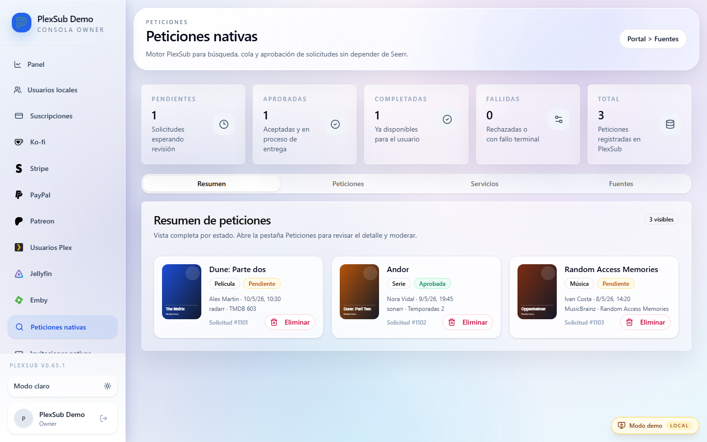 Administración de peticiones nativas con estados y moderación