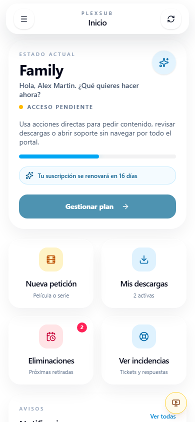 Inicio del portal del cliente adaptado a móvil