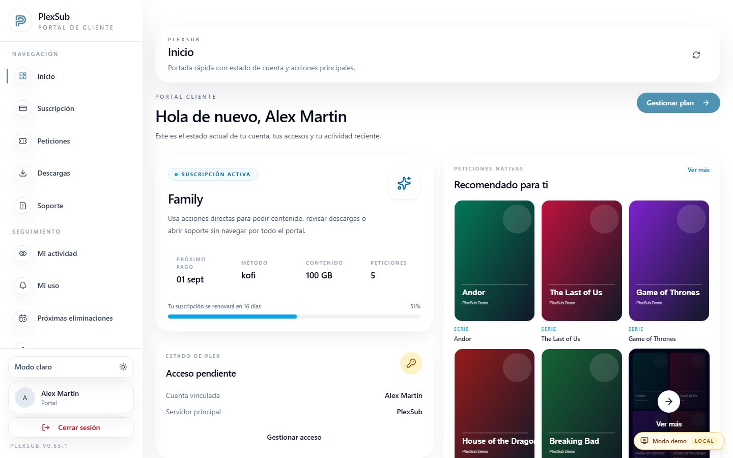 Inicio del portal de cliente de demostración