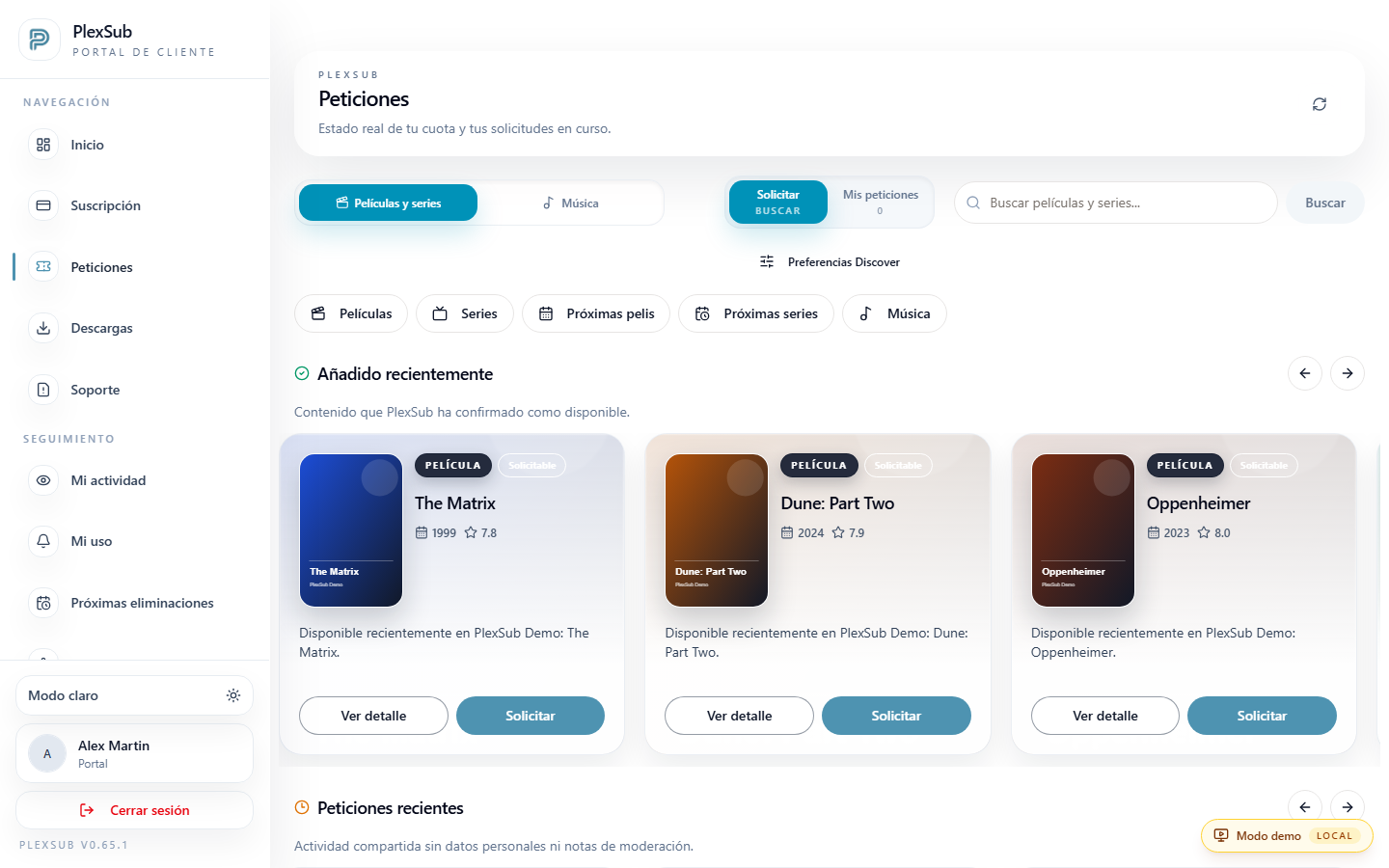 Catálogo y estado de peticiones del portal del cliente