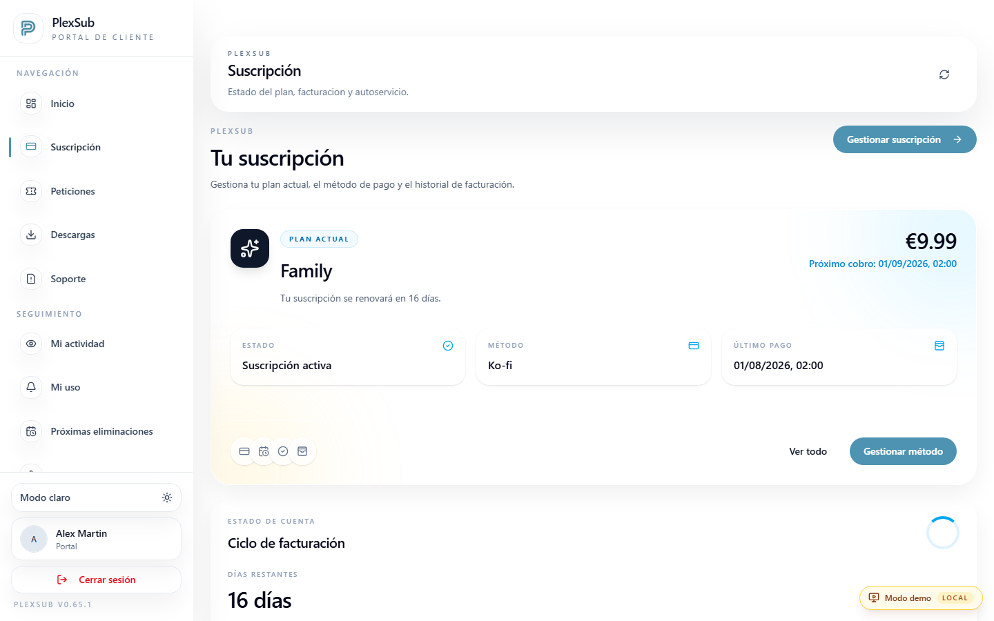 Estado de suscripción y acceso en el portal del cliente